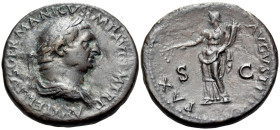 Vitellius, 69. Sestertius (Orichalcum, 33.5 mm, 24.31 g, 6 h), Rome, circa late April - 20 December 69. A VITELLIVS GERMANICVS IMP AVG P M TR P Laurea...