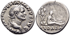 Vespasian, 69-79. Denarius (Silver, 19 mm, 3.48 g, 6 h), Rome, 21 December 69-early 70. IMP CAESAR VESPASIANVS AVG Laureate head of Vespasian to right...