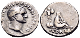 Vespasian, 69-79. Denarius (Silver, 18 mm, 3.39 g, 5 h), Rome, 21 December 69- early 70. [IMP CAES]AR VESPASIANVS AVG Laureate head of Vespasian to ri...