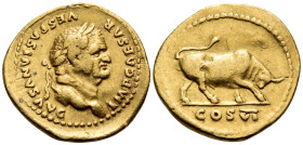 Vespasian, 69-79. Aureus (Gold, 21 mm, 7.02 g, 6 h), Rome, 75. IMP CAESAR VESPASIANVS AVG Laureate head of Vespasian to right. Rev. COS (VI) Bull butt...