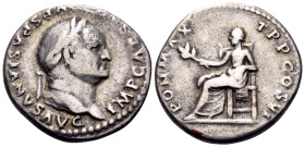 Vespasian, 69-79. Denarius (Silver, 19 mm, 3.33 g, 6 h), Rome, 75. IMP CAES[AR] VESPASIANVS AVG Laureate head of Vespasian to right. Rev. PON MAX TR P...