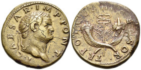 Titus, as Caesar, 69-79. Dupondius (Orichalcum, 27 mm, 13.18 g, 5 h), struck in Rome, but for circulation in Syria, 74. T CAESAR IMP PONT Laureate hea...