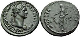 Domitian, 81-96. As (Bronze, 30 mm, 10.51 g, 7 h), Rome, 85. IMP CAES DOMIT AVG GERM COS XI CENS POT P P Laureate head of Domitian to right, wearing a...