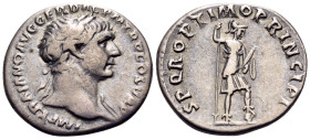 Trajan, 98-117. Denarius (Silver, 18.5 mm, 3.08 g, 6 h), Rome, 103-107. IMP TRAIANO AVG GER DAC P M TR P COS V P P Laureate head of Trajan to right wi...