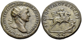 Trajan, AD 98-117. Dupondius (Orichalcum, 28 mm, 14.36 g, 7 h), Rome, 104/105 - 107. IMP CAES NERVAE TRAIANO AVG GER DAC P M TR P COS V P P Radiate bu...
