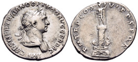 Trajan, 98-117. Denarius (Silver, 20 mm, 3.52 g, 6 h), Rome, winter 114-spring 115. IMP CAES NER TRAIANO OPTIMO AVG GER DAC Laureate and draped bust o...