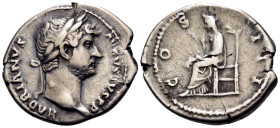 Hadrian, 117-138. Denarius (Silver, 19.5 mm, 3.25 g, 6 h), Rome, 128-129. HADRIANVS AVGVSTVS P P Laureate head of Hadrian to right. Rev. COS III Pudic...