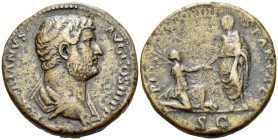 Hadrian, 117-138. Sestertius (Orichalcum, 32 mm, 27.57 g, 6 h), Travel series, Rome, 130-133. HADRIANVS AVG COS III P P Draped bust of Hadrian to righ...