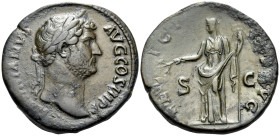 Hadrian, 117-138. Sestertius (Orichalcum, 31 mm, 23.40 g, 6 h), Rome, 136. [HADR]IANVS AVG COS III Laureate head of Hadrian to right. Rev. FEL-ICI-[TA...