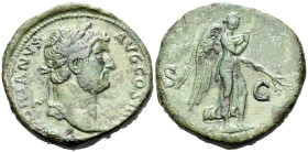 Hadrian, 117-138. Sestertius (Orichalcum, 31.5 mm, 27.38 g, 6 h), Rome, 136. HADRIANVS AVG COS III P P Laureate head of Hadrian to right. Rev. Nemesis...