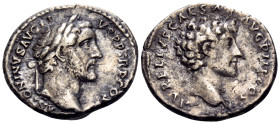 Antoninus Pius, with Marcus Aurelius as Caesar, 138-161. Denarius (Silver, 17.5 mm, 2.93 g, 6 h), Rome, 140. ANTONINVS AVG PI-VS P P TR P COS III Laur...