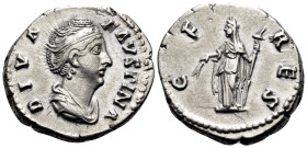 Diva Faustina Senior, died 140/1. Denarius (Silver, 18 mm, 3.48 g, 5 h), Posthumous issue, Rome, 141-161. DIVA FAVSTINA Draped bust of Faustina to rig...