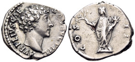 Marcus Aurelius, as Caesar, 139-161. Denarius (Silver, 18.5 mm, 3.32 g, 6 h), Rome, 145-147. AVRELIVS CAESAR AVG PII F Bare head of Marcus Aurelius to...