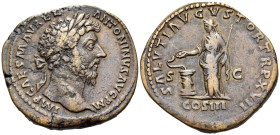 Marcus Aurelius, 161-180. Sestertius (Orichalcum, 33 mm, 27.00 g, 11 h), Rome, December 162 - Autumn 163. IMP CAES M AVREL ANTONINVS AVG P M Laureate ...