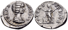 Julia Domna, Augusta, 193-217. Denarius (Silver, 19 mm, 3.50 g, 1 h), Rome, 203. IVLIA AVGVSTA Draped bust of Julia Domna to right. Rev. PIETAS PVBLIC...