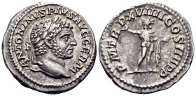 Caracalla, 198-217. Denarius (Silver, 19 mm, 2.83 g, 12 h), Rome, 216. ANTONINVS PIVS AVG GERM Laureate and bearded head of Caracalla to right. Rev. P...