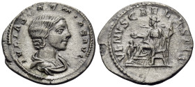 Julia Soaemias, Augusta, 218-222. Denarius (Silver, 20 mm, 2.80 g, 7 h), Rome, 218-220. IVLIA SOAEMIAS AVG Draped bust of Julia Soaemias to right. Rev...