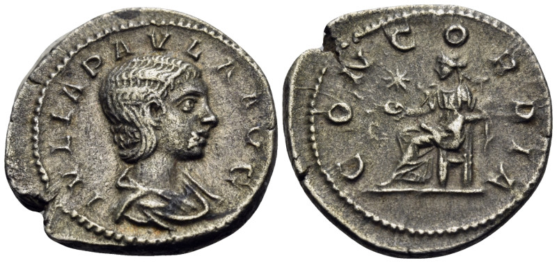 Julia Paula, Augusta, 219-220. Denarius (Silver, 21 mm, 3.53 g, 6 h), Rome. IVLI...