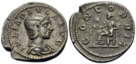 Julia Paula, Augusta, 219-220. Denarius (Silver, 21 mm, 3.53 g, 6 h), Rome. IVLIA PAVLA AVG Draped bust of Julia Paula to right. Rev. CONCORDIA Concor...