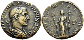 Philip I, AD 244-249. Sestertius (Orichalcum, 28 mm, 15.95 g, 12 h), Rome, 244. IMP M IVL PHILIPPVS AVG Laureate, draped and cuirassed bust of Philip ...