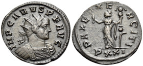 Carus, 282-283. Antoninianus (Billon, 22 mm, 3.83 g, 6 h), Ticinum. IMP CARVS P F AVG Radiate and cuirassed bust of Carus to right. Rev. PAX EXERCITI ...