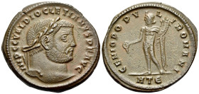 Diocletian, AD 284-305. Follis (Billon, 27.5 mm, 9.44 g, 1 h), Heraclea, 296-297. IMP C C VAL DIOCLETIANVS P F AVG Laureate head of Diocletian to righ...