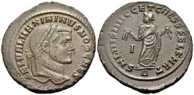 Maximinus II, as Caesar, 305-309. Follis (Bronze, 29 mm, 9.16 g, 6 h), Carthage, 305-6. GAL VAL MAXIMINVS NOB CAES Laureate head of Maximinus to right...