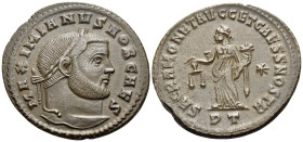 Galerius, As Caesar, AD 293-305. Follis (Bronze, 28 mm, 8.93 g, 6 h), Ticinum, 304-305. MAXIMIANVS NOB CAES Laureate head of Galerius to right. Rev. S...