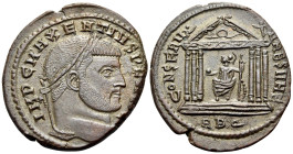 Maxentius, 307-312. Follis (Bronze, 28 mm, 8.34 g, 6 h), Rome, 308-310. IMP C MAXENTIVS P F [AVG] Laureate bust of Maxentius to right. Rev. CONSERV - ...