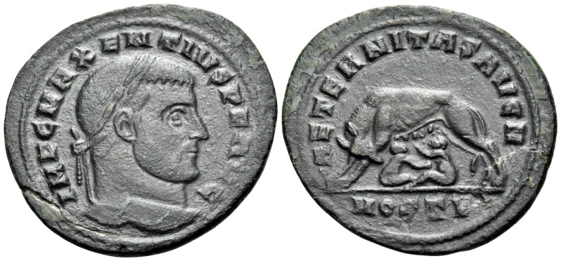 Maxentius, AD 307-312. Follis (Bronze, 28 mm, 6.31 g, 1 h), Ostia, 308-312. IMP ...