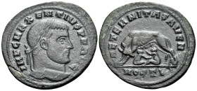 Maxentius, AD 307-312. Follis (Bronze, 28 mm, 6.31 g, 1 h), Ostia, 308-312. IMP C MAXENTIVS P F AVG Laureate head of Maxentius to right. Rev. AETERNIT...