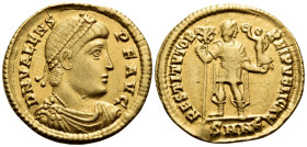 Valens, 364-378. Solidus (Gold, 22 mm, 4.44 g, 6 h), Nicomedia, 5th officina (E), 364. D N VALENS PF AVG Pearl-diademed, draped and cuirassed bust of ...