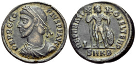 Procopius, usurper, 365-366. Centenionalis (Bronze, 19.5 mm, 2.93 g, 12 h), Cyzicus. PROCO-PIVS P F AVG Pearl diademed, draped and cuirassed bust of P...