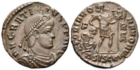 Gratian, 367-383. Centenionalis (Bronze, 17 mm, 1.79 g, 7 h), Siscia, 367-375. D N GRATIANVS P F AVG Pearl diademed, draped and cuirassed bust of Grat...