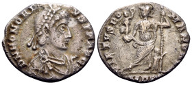 Honorius, 393-423. Siliqua (Silver, 17 mm, 1.48 g, 12 h), Mediolanum, 402. D N HONORI-VS P F AVG Pearl diademed, draped and cuirassed bust of Honorius...