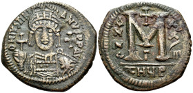 Justinian I, 527-565. Follis of 40 Nummi (Bronze, 37 mm, 19.06 g, 5 h), Theopolis = Antioch; Γ = 3rd officina, Dated regnal year X/X/GIII (29) = 555/5...