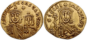 Theophilus, with Michael II and Constantine, 829-842. Solidus (Gold, 21 mm, 4.25 g, 6 h), Constantinople, circa 831-842. +MIXAHL S CONSTANTIN' Crowned...
