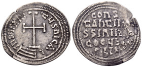 Constantine VI & Irene, 780-797. Miliaresion (Silver, 24 mm, 2.01 g, 11 h), Constantinople. IҺSЧS XRISTЧS nICA Cross potent on globe set on three step...