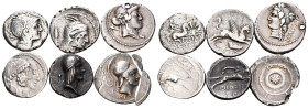 ROMAN REPUBLICAN. Circa 2nd-1st century BC. Denarius (Silver, 20.80 g). Lot of six (6) Roman Republican silver denarii, varied moneyers; one holed and...
