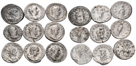 ROMAN IMPERIAL. Circa 3rd century. (Silver, 35.13 g). Large lot of nine (9) silver and billon antoniniani, including issues of Carus, Gordian III, Tre...