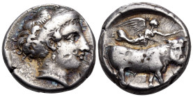 CAMPANIA. Neapolis. 350-325 BC. Nomos (Silver, 19 mm, 7.54 g, 9 h). Diademed head of the nymph Parthenope to right, wearing a disc earring with a trip...