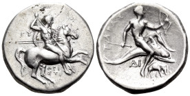 CALABRIA. Tarentum. Circa 280-272 BC. Nomos (Silver, 22 mm, 6.42 g, 6 h), Struck under the magistrates Aristippos, Gy... and Di.... Warrior on horseba...