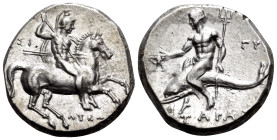 CALABRIA. Tarentum. Circa 280-272 BC. Nomos (Silver, 20 mm, 6.57 g, 1 h), struck under the magistrates Lykon, Si... and Gu.... Warrior, nude except fo...