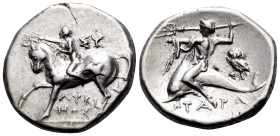 CALABRIA. Tarentum. Circa 272-240 BC. Nomos (Silver, 21 mm, 6.29 g, 9 h), struck under the magistrates Lykinos and Sy.... Nude horseman advancing to l...