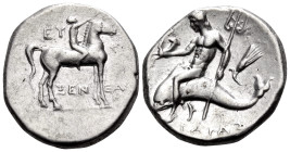 CALABRIA. Tarentum. Circa 272-240 BC. Nomos (Silver, 21 mm, 6.30 g, 5 h), Struck under the magistrates Zeneas, Eu... and Phi.... Horseman advancing to...