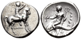 CALABRIA. Tarentum. Circa 272-240 BC. Nomos (Silver, 21 mm, 6.39 g, 12 h), struck under the magistrate Philiskos. Laureate man, with drapery around hi...