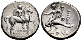 CALABRIA. Tarentum. Circa 272-240 BC. Nomos (Silver, 20.5 mm, 6.34 g, 1 h), struck under the magistrates Herakletos and Phi.... Warrior, nude except f...