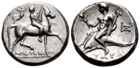 CALABRIA. Tarentum. Circa 272-240 BC. Nomos (Silver, 20 mm, 6.35 g, 3 h), struck under the magistrates Aristeidas, Herakl... and Phi.... Youthful nude...