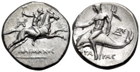 CALABRIA. Tarentum. Circa 240-228 BC. Nomos (Silver, 20.5 mm, 6.48 g, 2 h), struck the magistrate Daimachos. Nude youth, holding torch in right hand a...