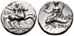CALABRIA. Tarentum. Circa 240-228 BC. Nomos (Silver, 20 mm, 6.48 g, 4 h), struck under the magistrates Kallikrates, Epik... and Ne..... Bare-headed, b...